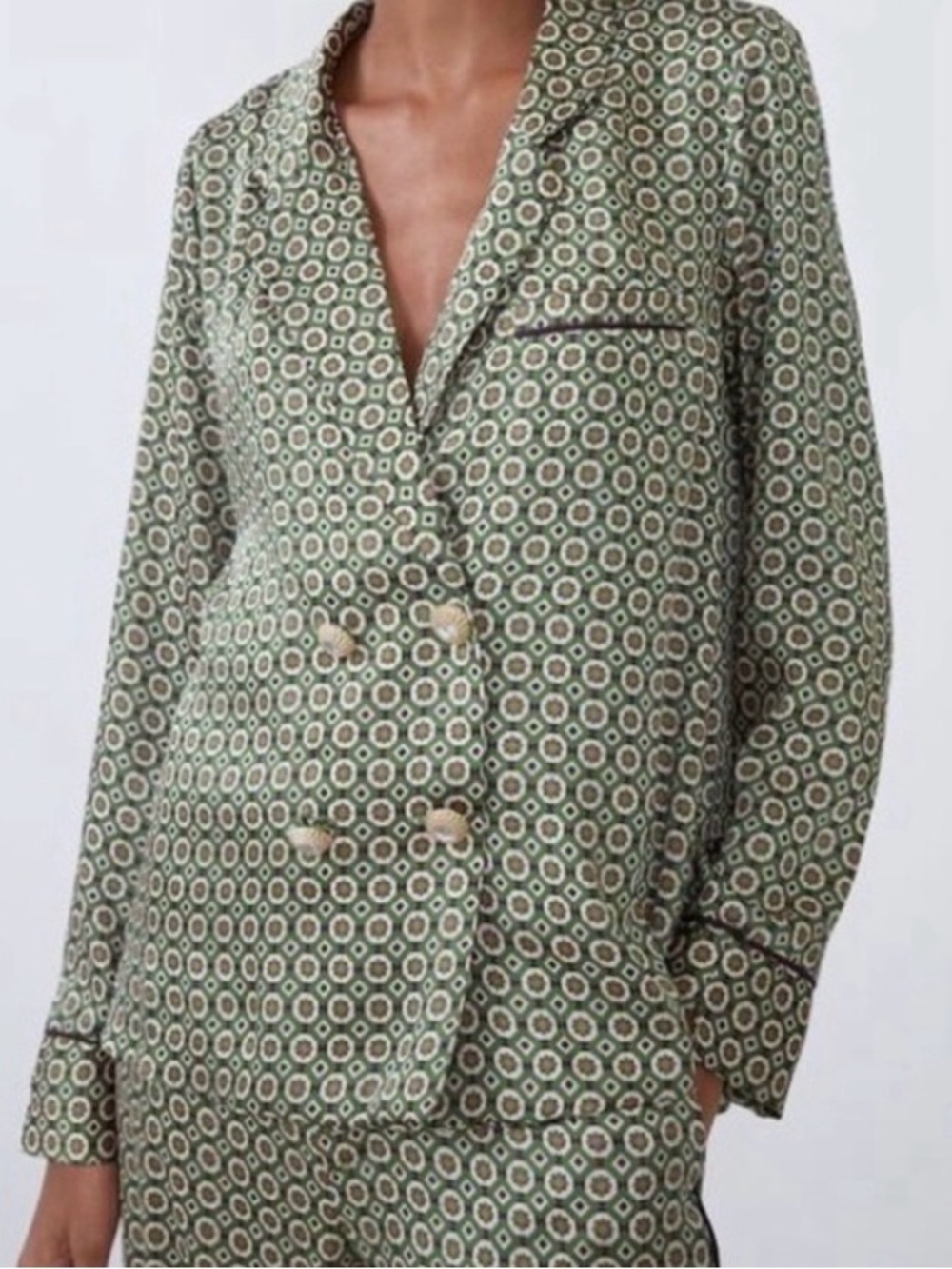 Zara Green Geo-Print Double-Breasted Blazer